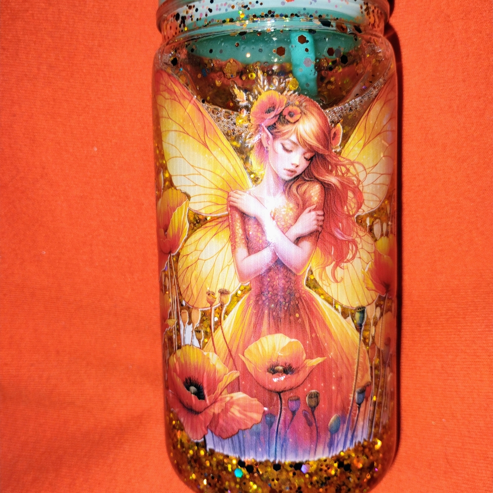 Fairy-Themed Glitter Snowglobe Cup with Orange and Gold Accents